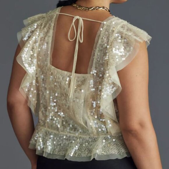 Anthropologie Tops - Anthropologie Cream Sequin Peplum Ruffle Tank Size XL